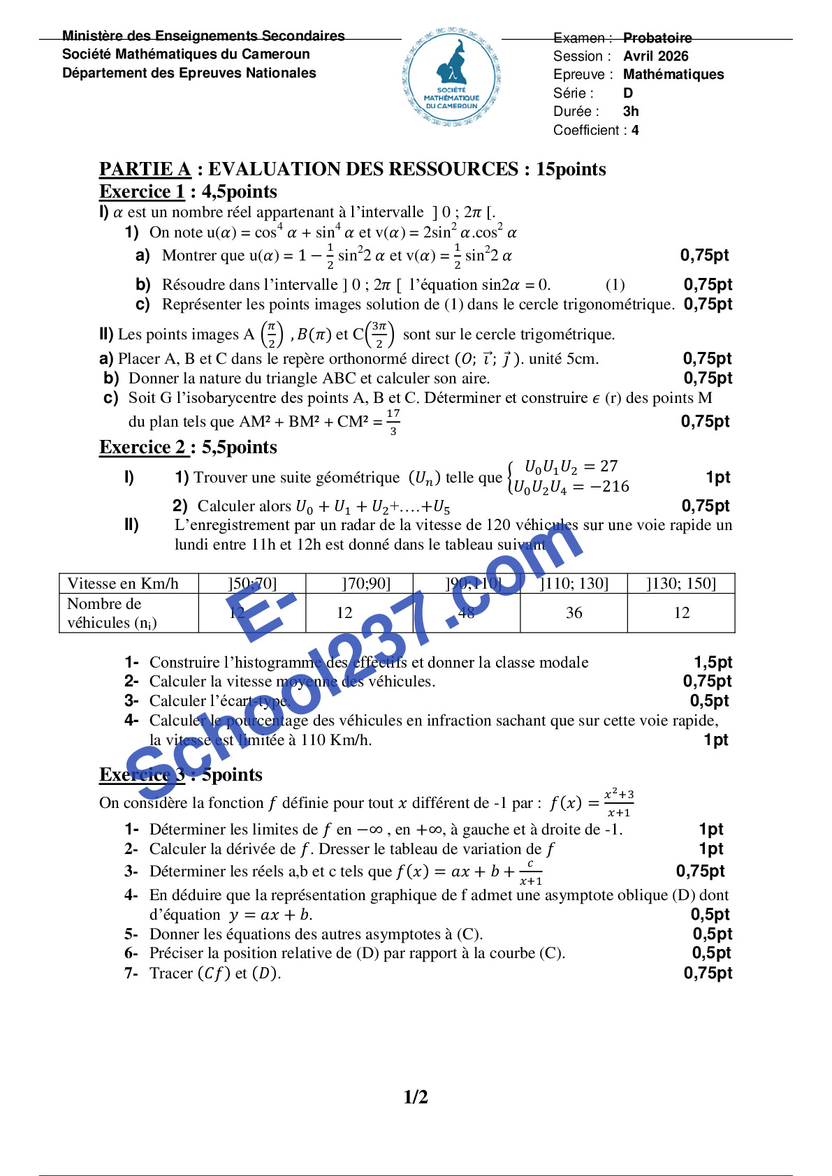 Probatoire D 2026 Sté Mathématique